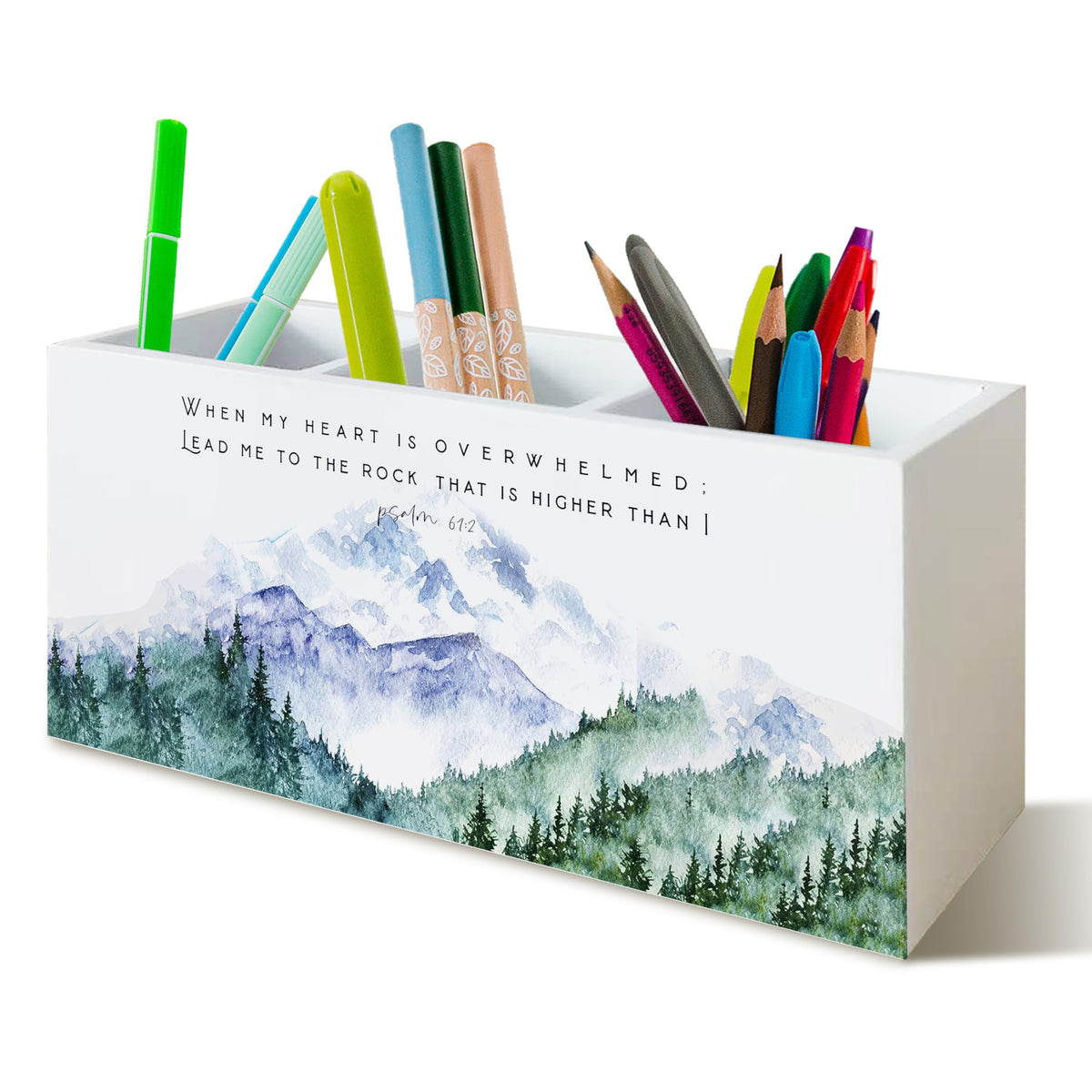KAOWT Christian Mountain Pen Pencil Holder for Desk, Christian Gifts for Women, Rustic Mountain Landscape Bible Verse Religious Wooden Signs Desk Organizer for Home Office Decor