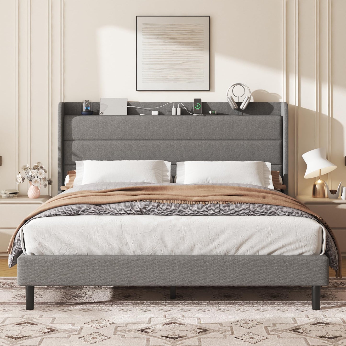 Lcwtvgxr Full Size Linen Multifunctional Bed Frame, Wingback Headboard with Charging Station & Storage Shelf, Upholstered Platform Bed, Noise Free, No Box Spring Needed, Easy Assembly, Grey