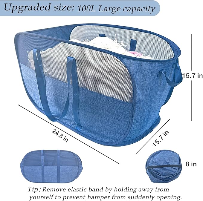 Extra Large Mesh Pop Up Laundry Hamper, 100L Collapsible Laundry Basket