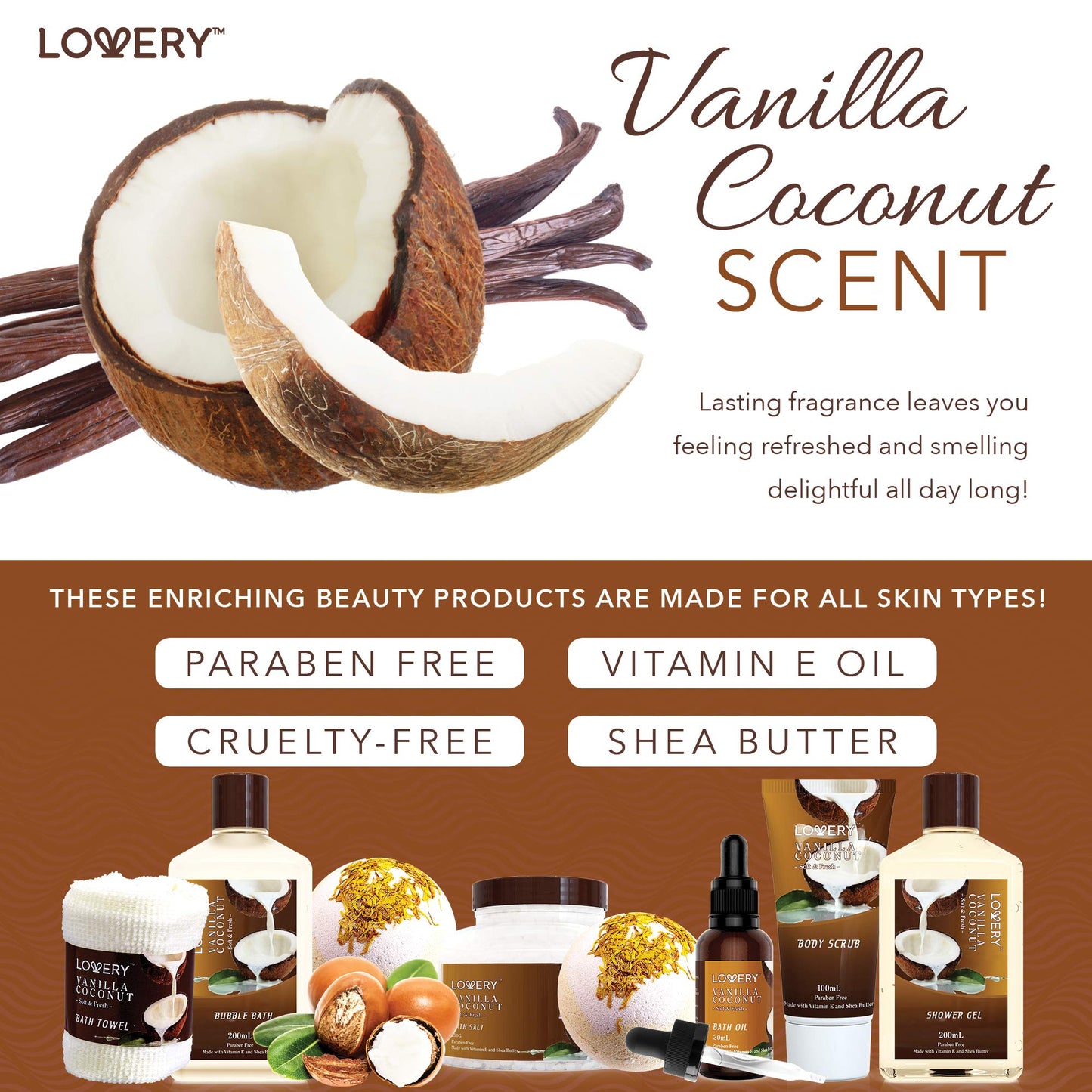 Gifts For Women Gift Basket for Women– 9 Piece Christmas Gifts Set of Vanilla Coconut Home Spa Set, Luxurious Holiday Bath and Body Sets Includes Fragrant Lotions, Extra Large Bath Bombs, Coconut Oil