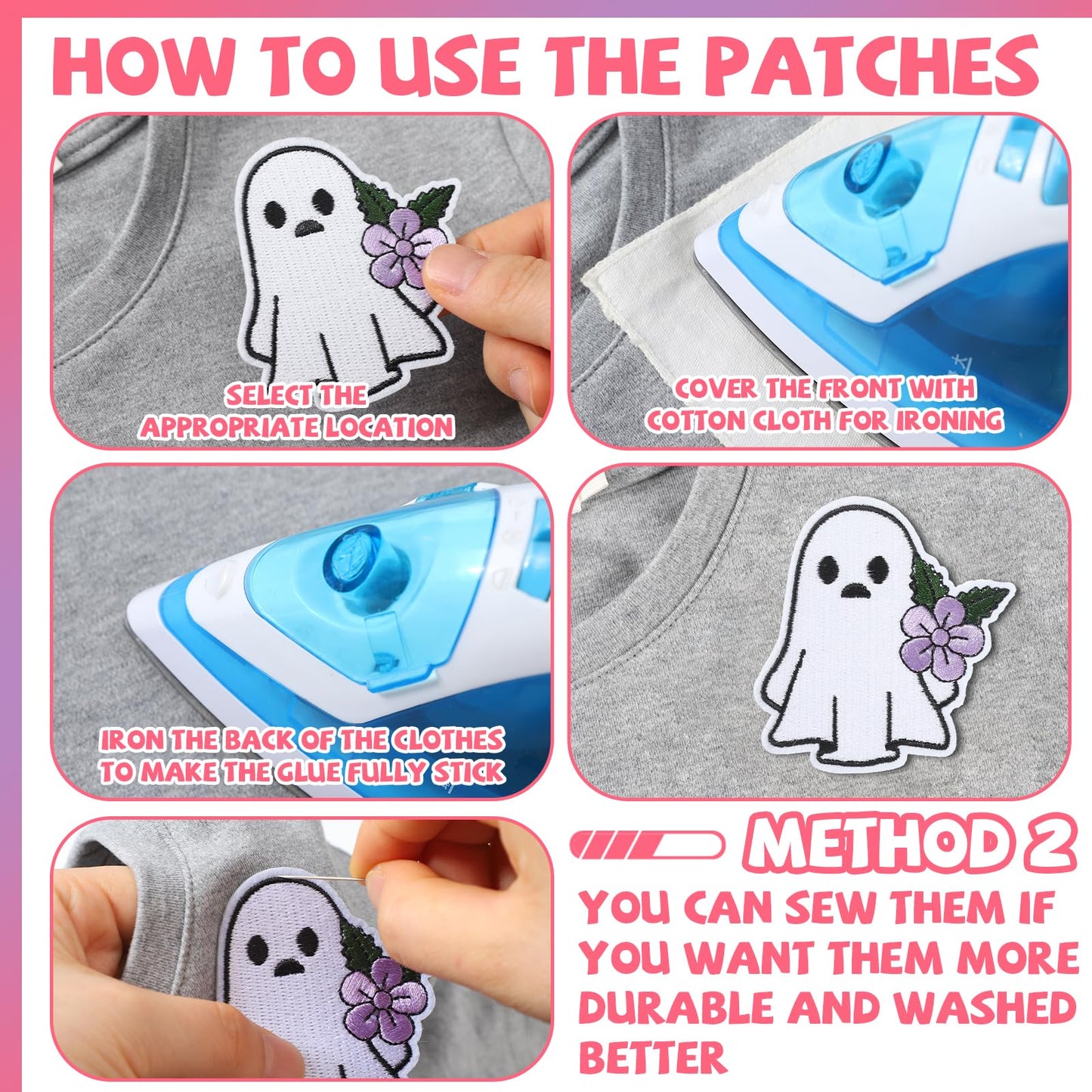 Wavwavw 50 Pcs Ghost Patches Iron on Halloween Patches Embroidered Applique Cute Pumpkin Boo Ghost Iron on for Clothes Hats Backpacks Jackets Accessories