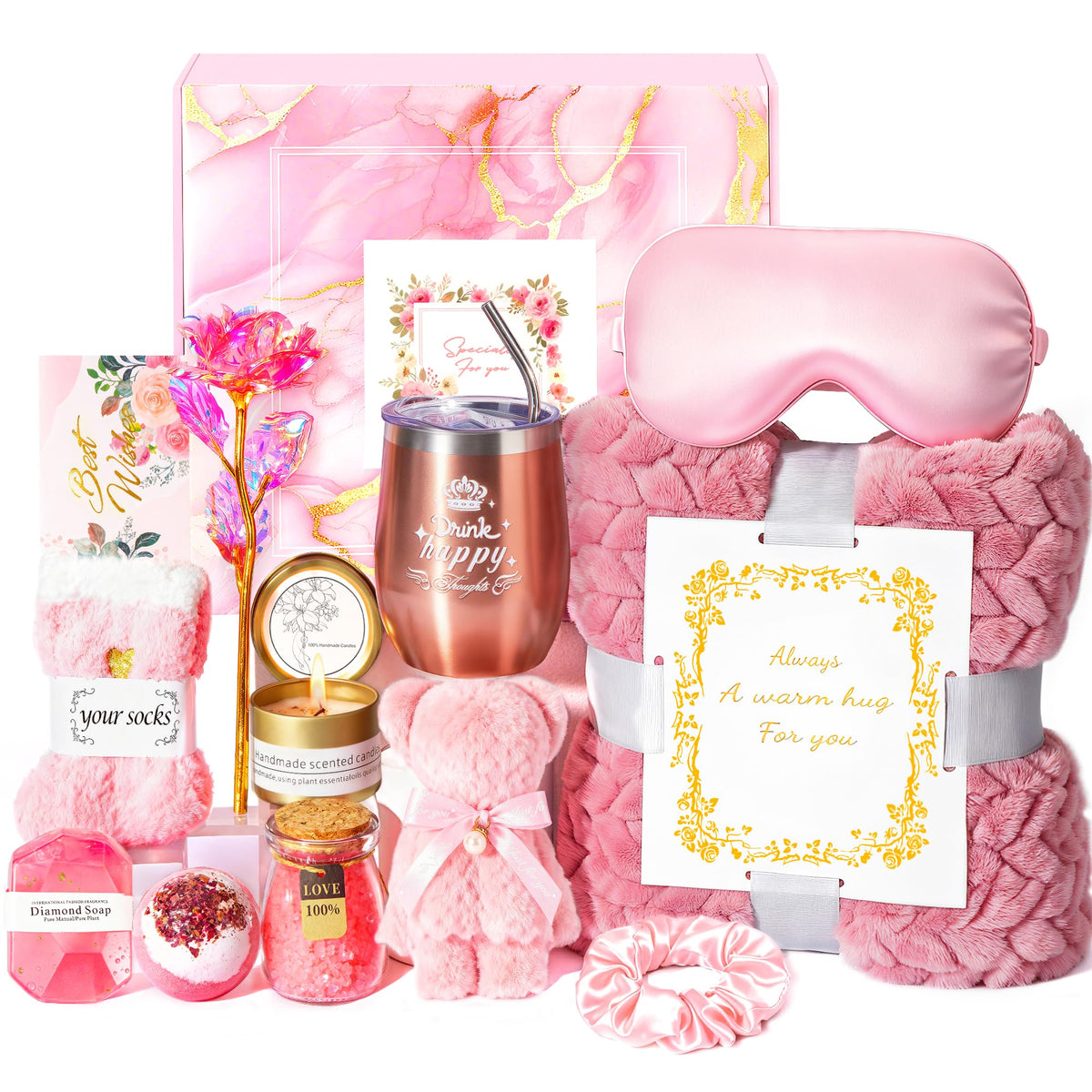 Birthday Gifts Basket for Women Mom Her Sister Grandma, Get Well Self Care Gift For Friend, Relax Spa Set-Luxury Flannel Blanket Rose Flower, Wife Gift Mothers Day Christmas Valentines Jeowoqao