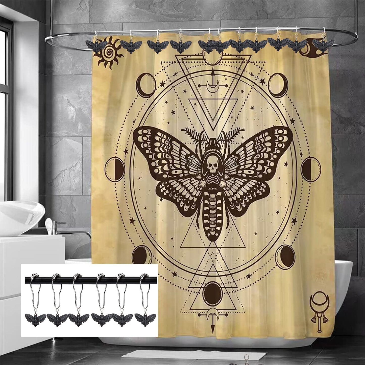 Skull Death's-Head Hawkmoth Shower Curtain Hooks Rings,12Pcs Dead Moth with Skull Face Halloween Rustproof Metal Shower Rings,Gothic Style Insect Theme Home Bathroom Decor