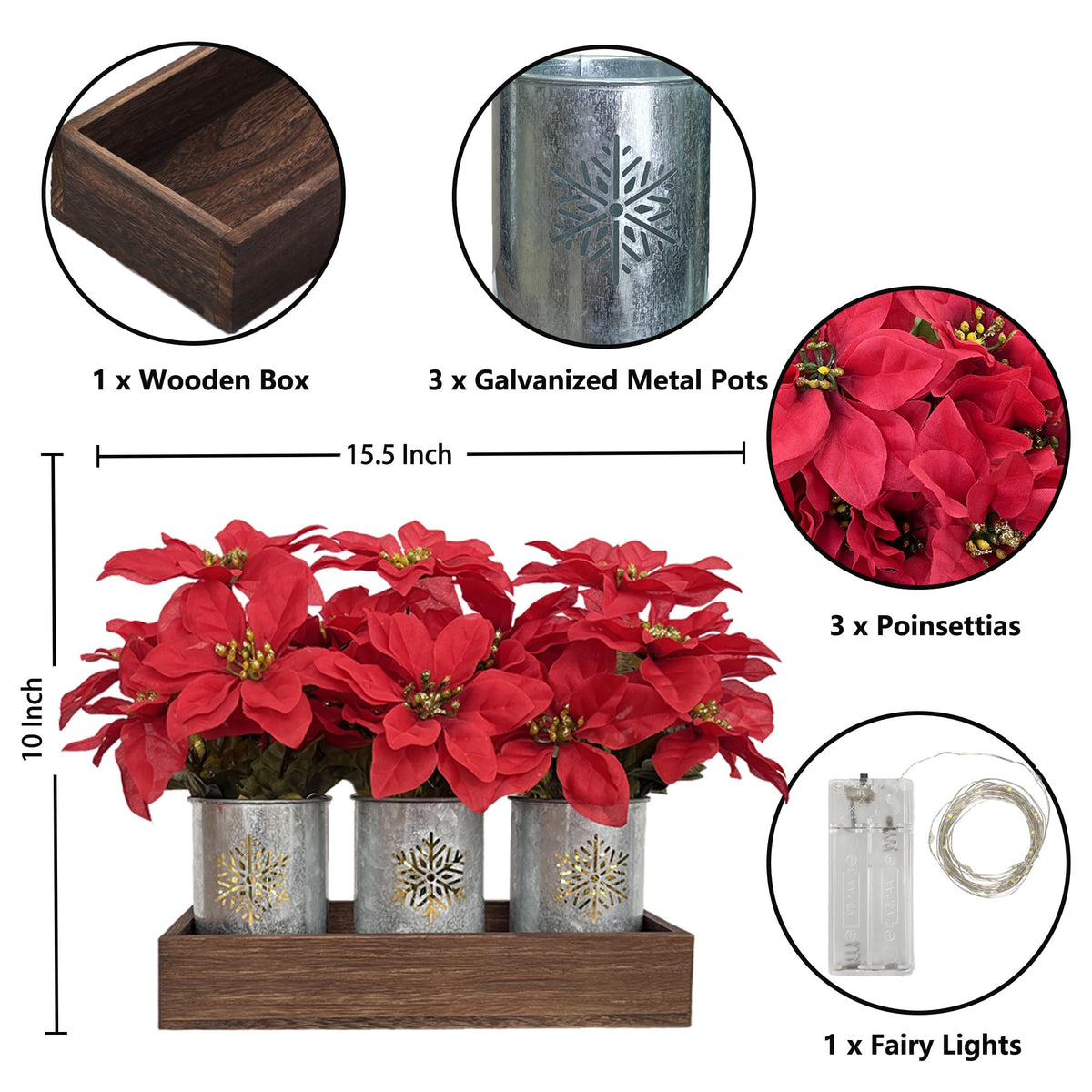 CANCLEAR Artificial Christmas Flower Arrangement, 3pcs Poinsettias in Galvanized Pots with Wood Tray and LED String Lights, Perfect Tabletop Centerpiece for Holiday Decor