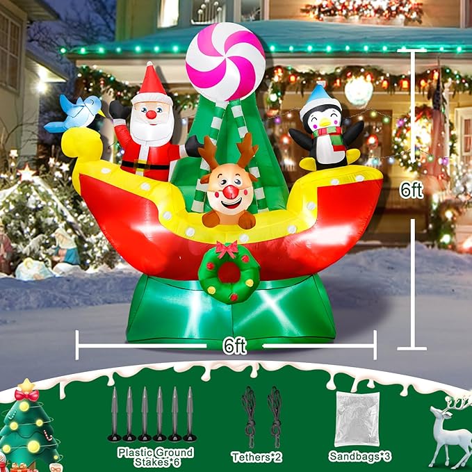 6 FT Christmas Inflatables Animals Sitting on Ship Christmas Blow ups Built in LED Lights Christmas Decorations Inflatables for Christmas Holiday Garden Lawn