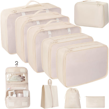 10 Pcs Set Packing Cubes For Travel Expandable Packing Organizers Luggage Organizers Bags Essentials Packing Cubes For Suitcases Travel Accessories (BEIGE)