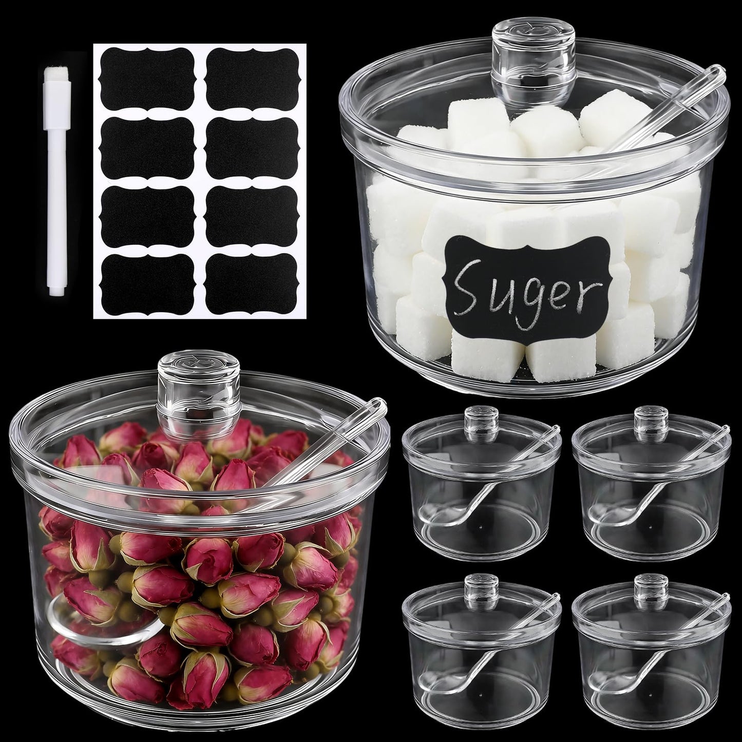 6 Pcs Clear Acrylic Sugar Bowls,13 oz Seasoning Box Condiment Pots with Spoon and Lid,Sugar Spice Salt Canister for Sugar,Salt,Tea,Spices,Herbs and Condiments,Home Kitchen,Coffee Bar,Restaurant