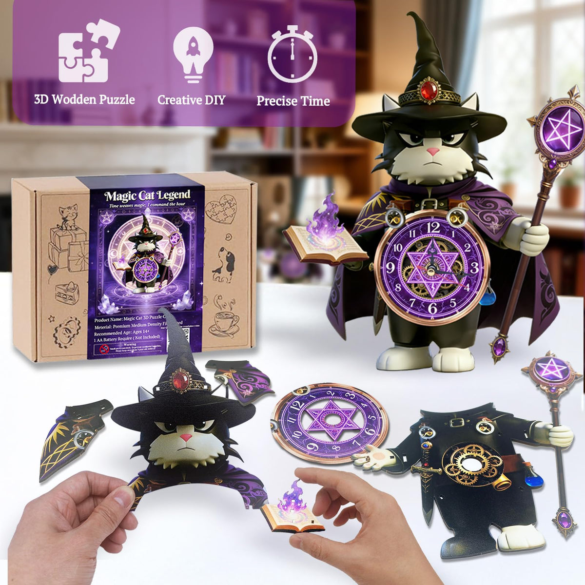 3D Wooden Puzzle Clock for Adults and Kids,Magic Cat Legend Wizard Cat 3D Stackable Design, 3D Puzzles for Adults Kids Room Home Decor, Unique Gift for DIY Enthusiasts & Fantasy Lovers