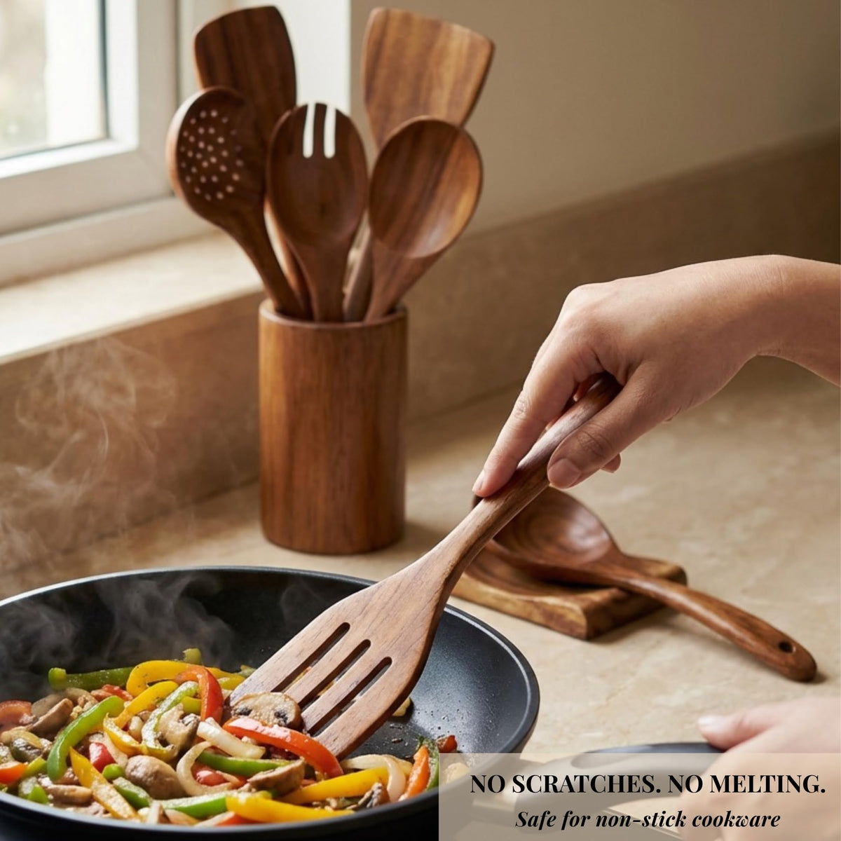 Élevé Natural Teak Wood Cooking & Serving Spoons Set (9-Piece) | Wooden Kitchen Utensils with Holder & Spoon Rest | Non-Stick Safe, Food-Grade, Durable & Elegant Cookware Tools