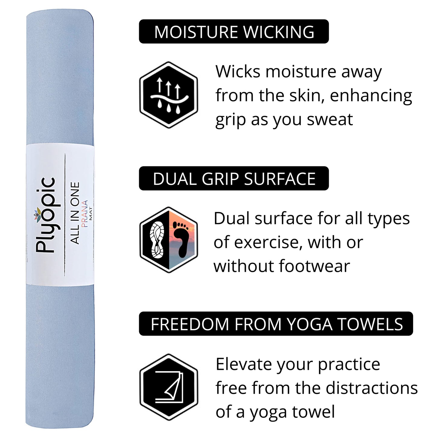 Plyopic. All In One Yoga Mat | Luxury Sweat-Grip Mat/Towel Combo | Ideal for Yoga, Hot Yoga, Bikram, Pilates, Workout & Exercise | Eco-Friendly Natural Rubber