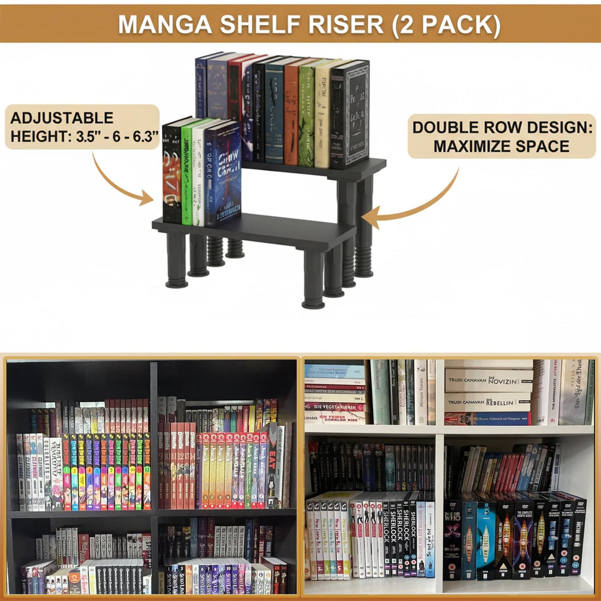 Bantlou 2 Pack Shelf Riser for Displaying Two Rows of Books on a Single Shelf, Wooden Adjustable Heigh Manga Display Stand, Space-Saving Display Stand for Books, Manga, DVDs, CDs