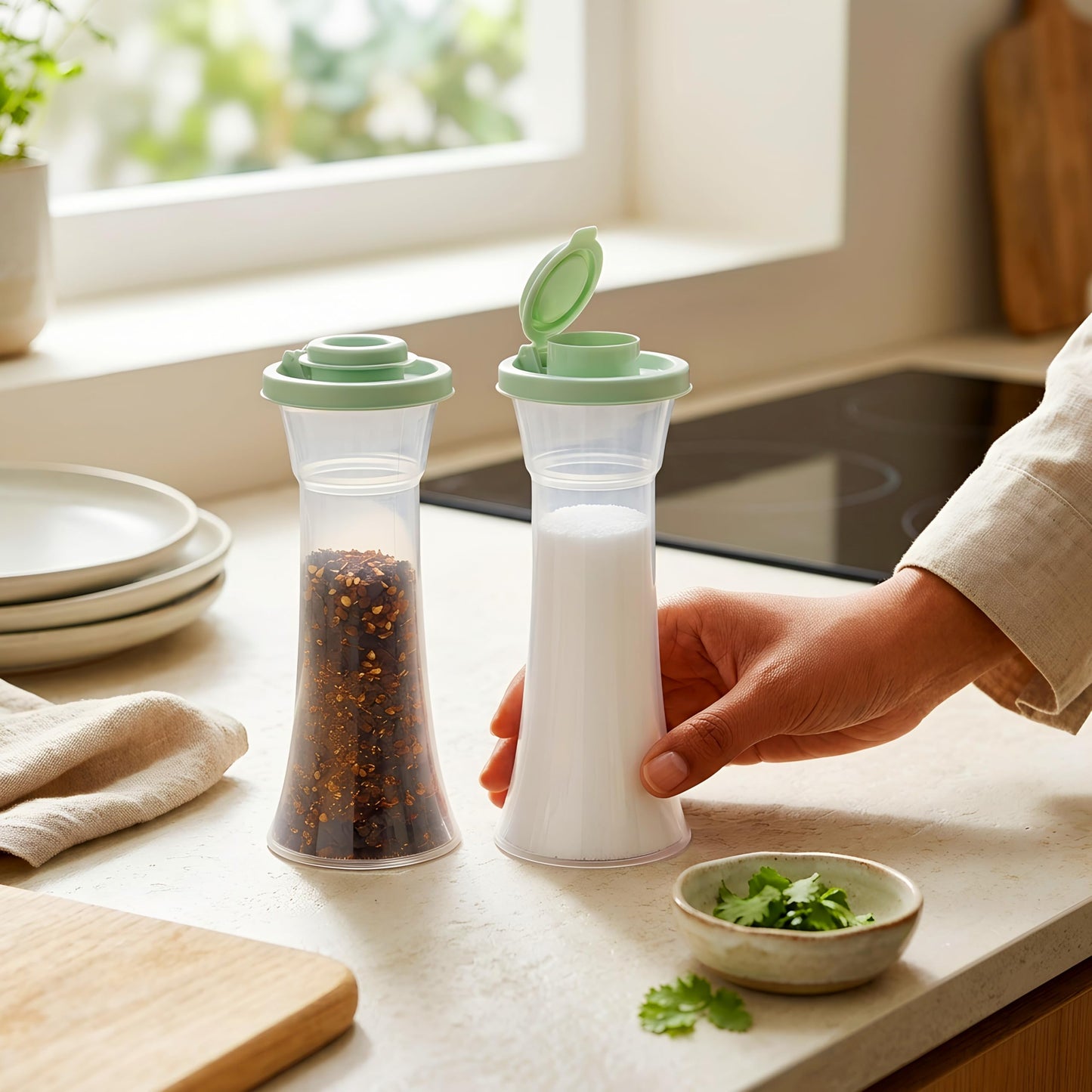 Tupperware Large Hourglass Salt and Pepper Shakers Clear Containers with Sage Green