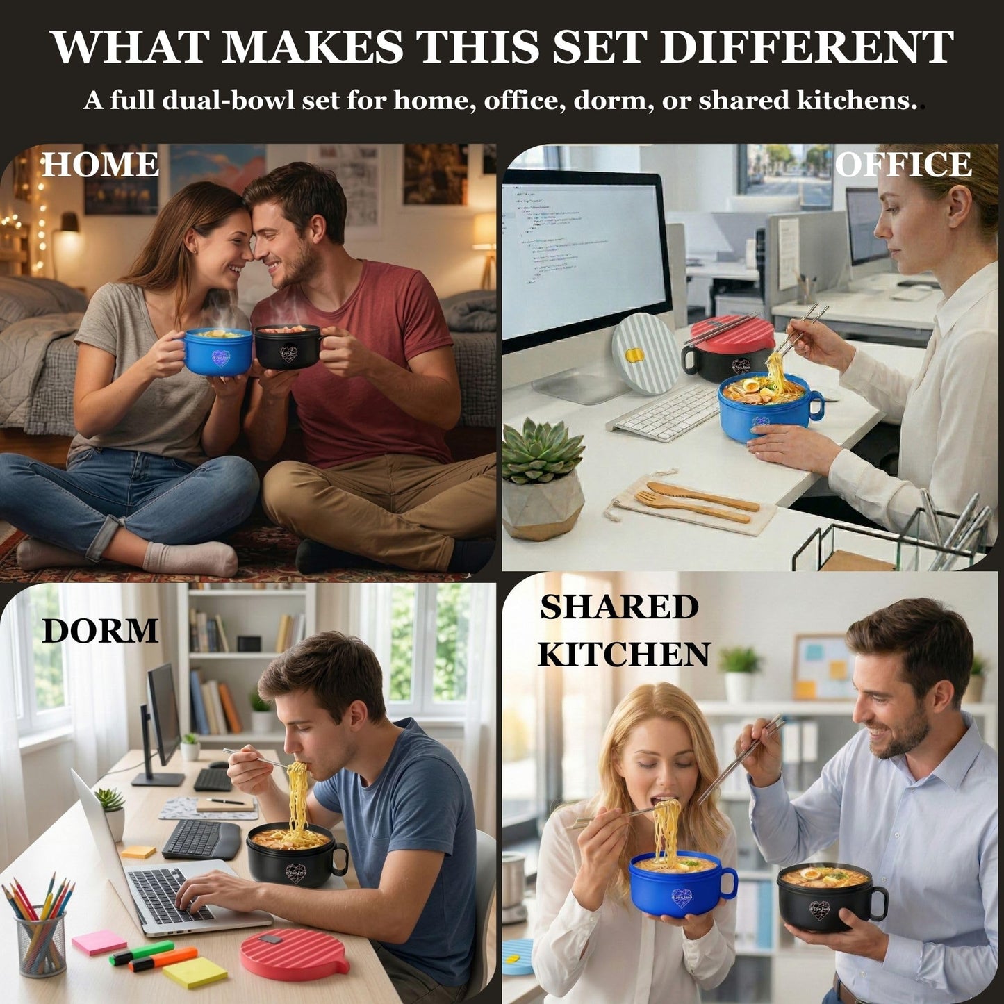AI LOVE PEACE Ramen Bowls, 40 oz Large Microwavable Noodle Bowls (1 Blue, 1 Red) with Chopsticks, Sporks, and Utensil Bag, Portable Microwave Bowl for Home, Office, Dorm, or College Gift.