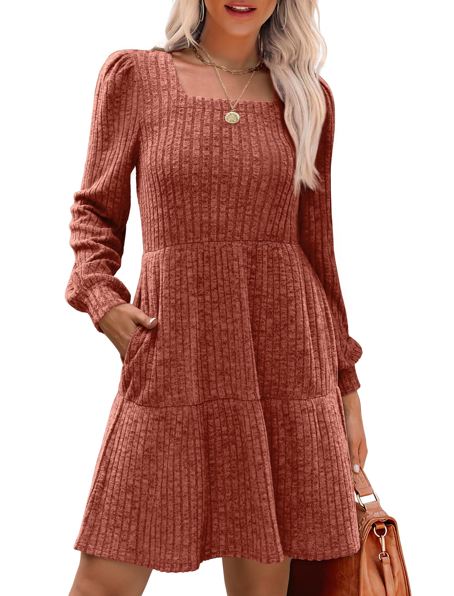 SAMPEEL Womens Fall Dresses 2025 Long Sleeve Halloween Wedding Guest Sweater Dress Burnt Orange L