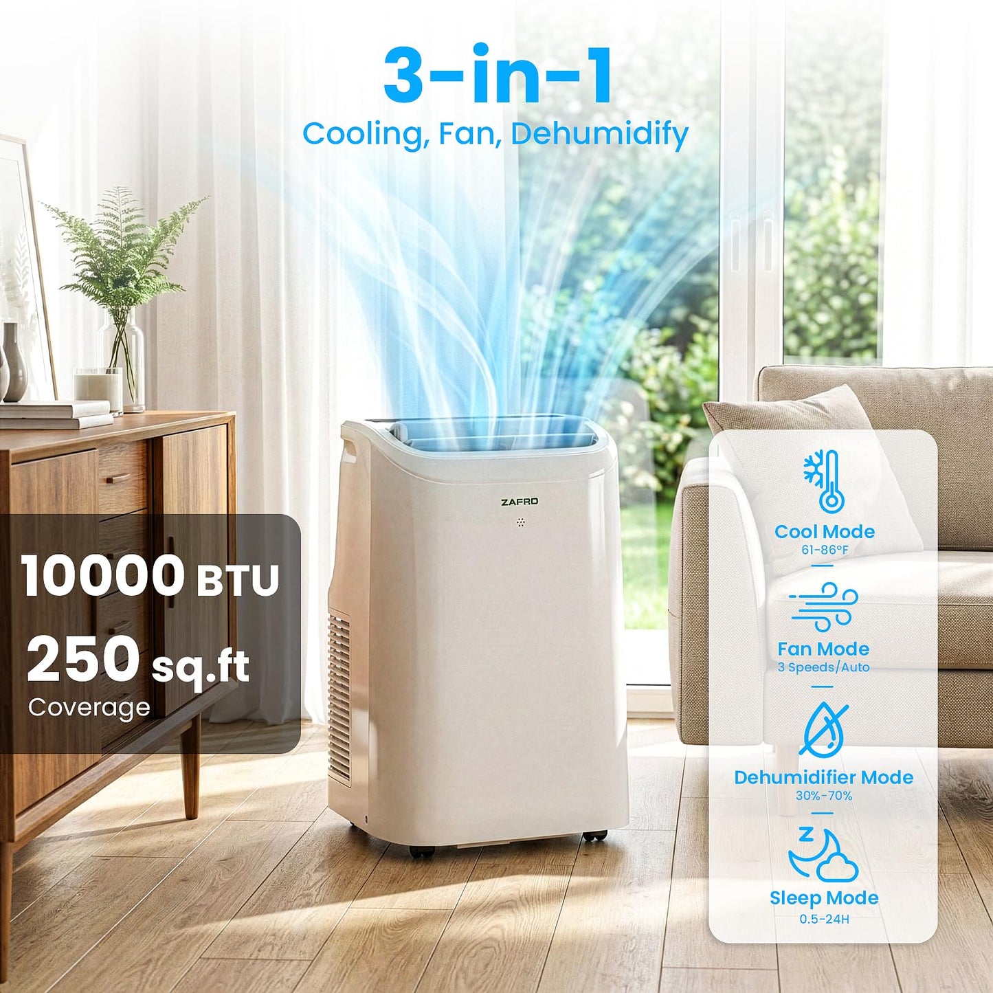 ZAFRO Smart Portable Air Conditioners, 10000 BTU (6000 BTU SACC), Portable AC Unit with Drainage-free Cooling, Fan & Dehumidifier with APP/Remote, Window Kit, 47dB Quiet for Living Room, Bedroom