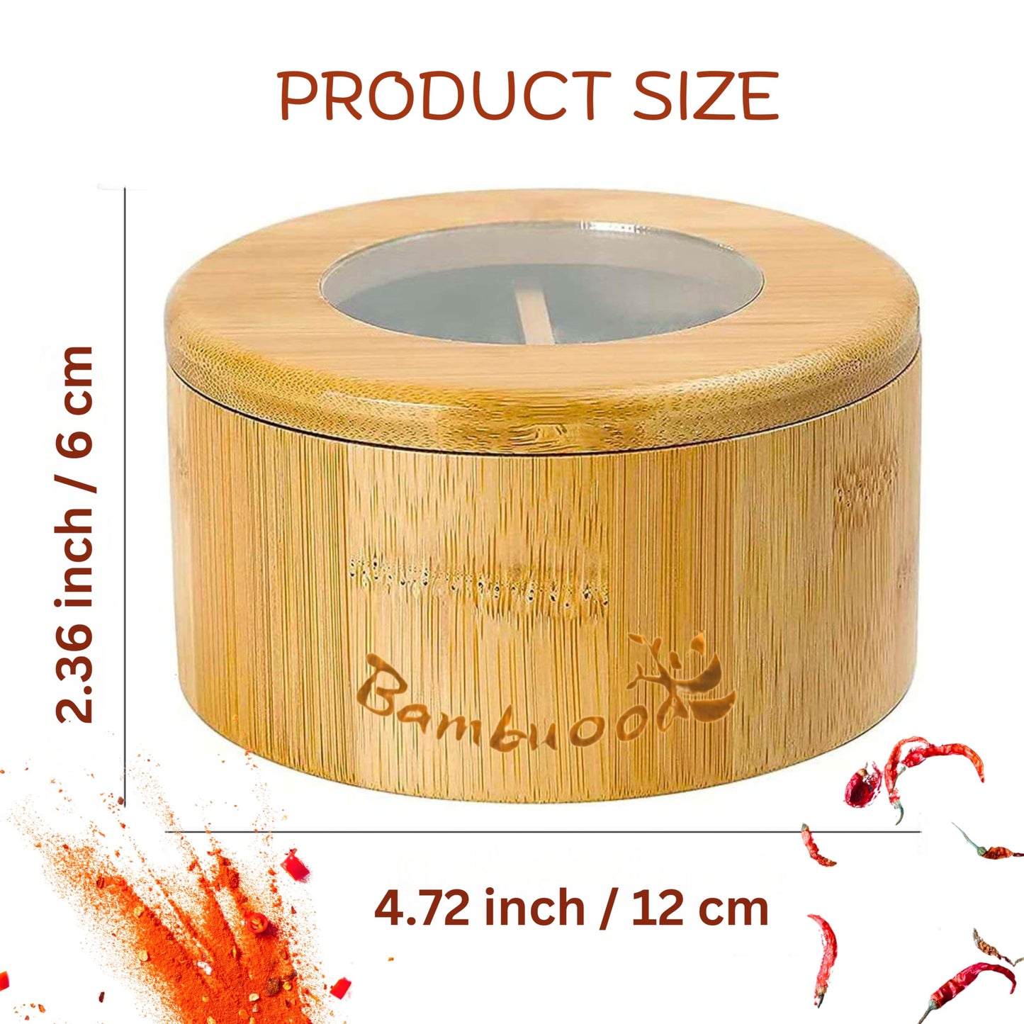 Bambuood Premium 4 Compartments Salt & Spice Cellar with Spoon - Swivel Magnetic Lid for Convenient Seasoning Access - 100% Natural Bamboo - Elegant and Eco-Friendly Kitchen Accessory.