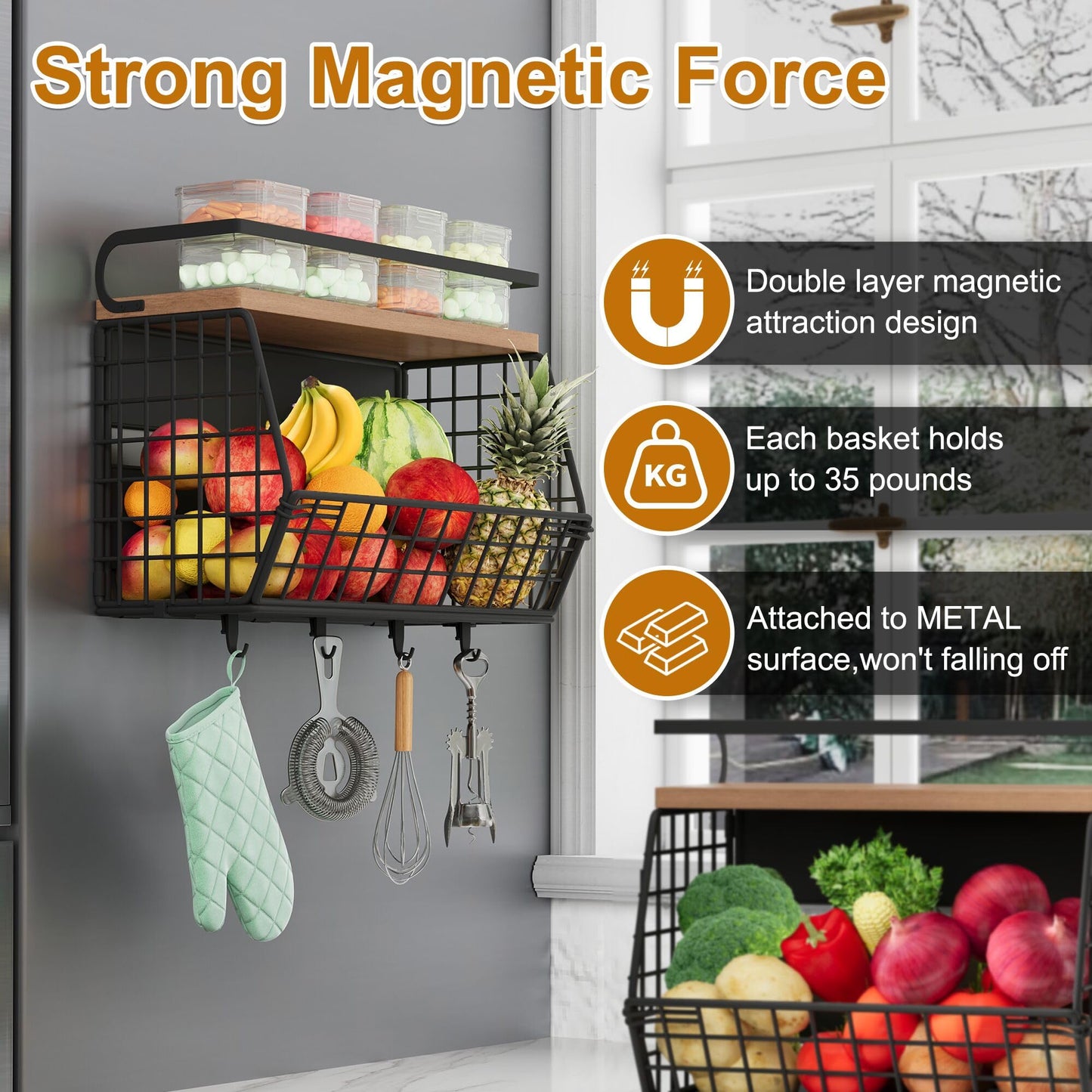 Clothink Magnetic Shelf for Fridge,Hanging Wall Basket for Potato Onion Fruit and Vegetable Storage Bins,Large Produce Container Magnetic Spice Rack for Refrigerator Kitchen Counter Pantry,Black