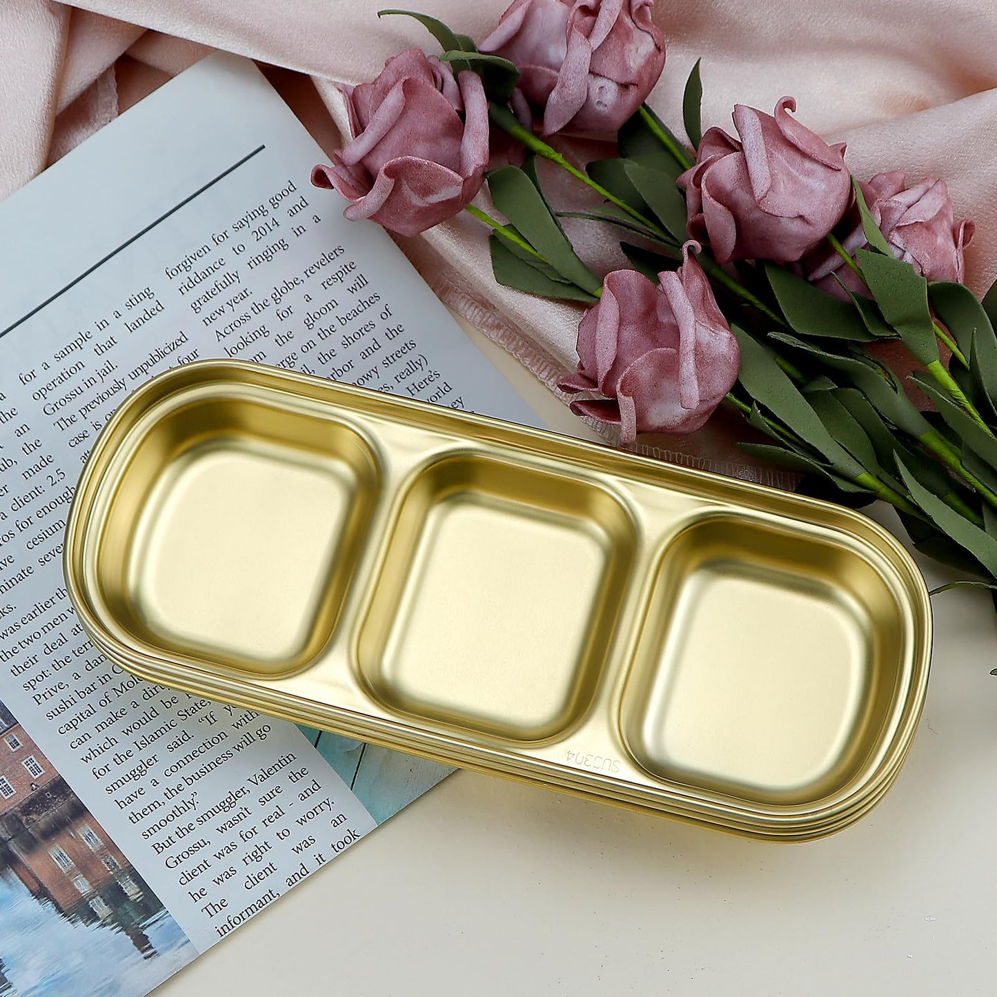 LCJAOF 3Pcs Stainless Steel Dipping Bowls-3 Compartment Appetizer Serving Tray, Soy Sauce Dish for Condiments, BBQ Sauce, and Seasoning, Dishwasher Safe, Gold