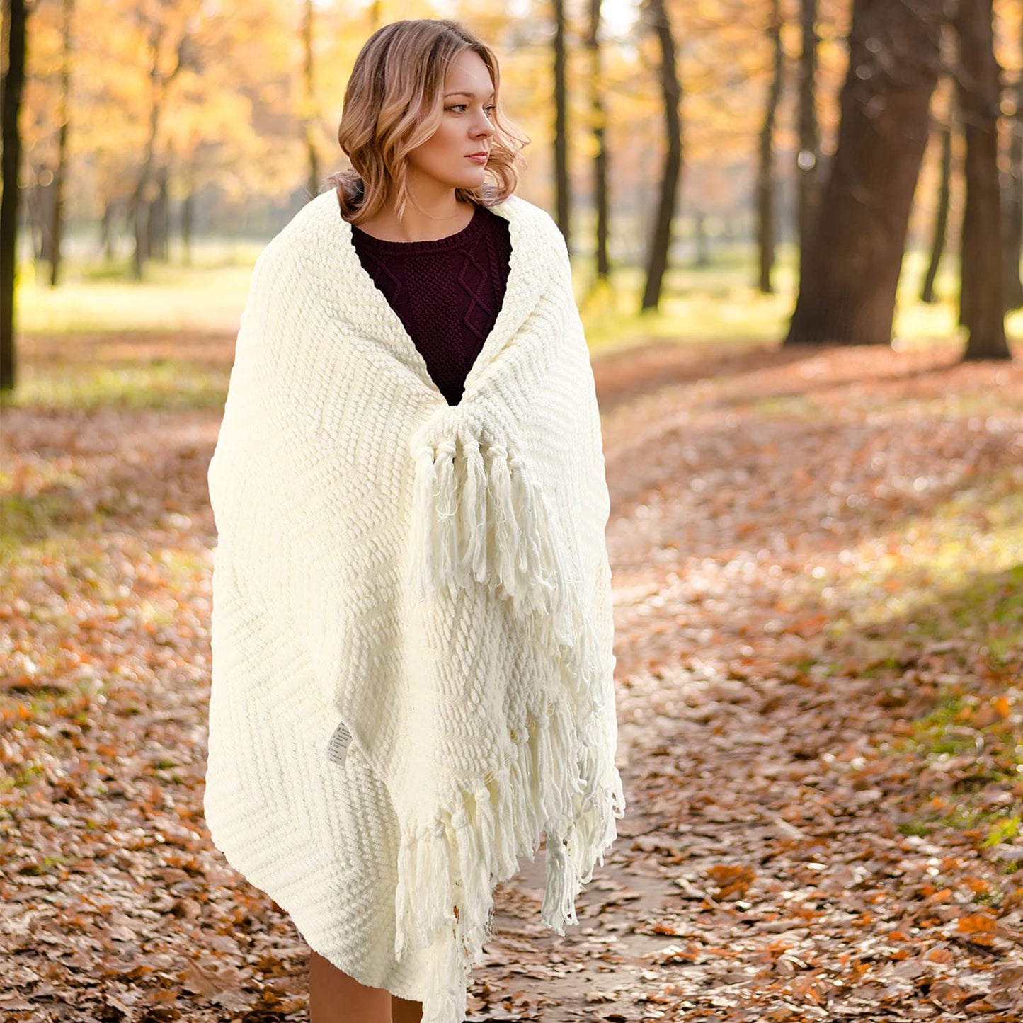 HOMEIDEAS Warm Tassel Knit Blanket Throw Size for Couch Sofa Bed, Cream Thick Knitted Armchair Office Chair Throw Blankets, Winter Chunky Blankets(50x60)