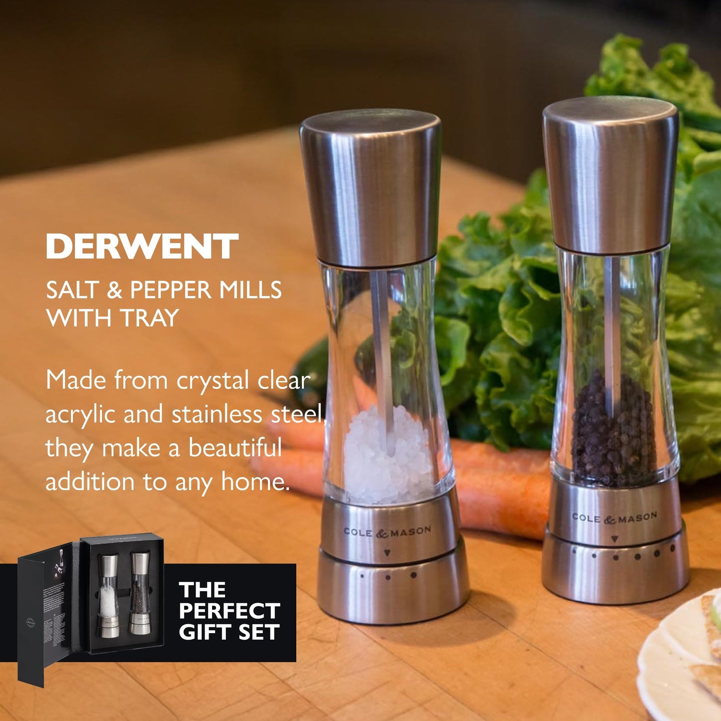 Cole & Mason Derwent Salt & Pepper Grinder Set with Tray - Salt & Pepper Grinder Set with Adjustable Grind Settings - Easily Refillable Spice Mills for Enhanced Taste - Stainless Steel