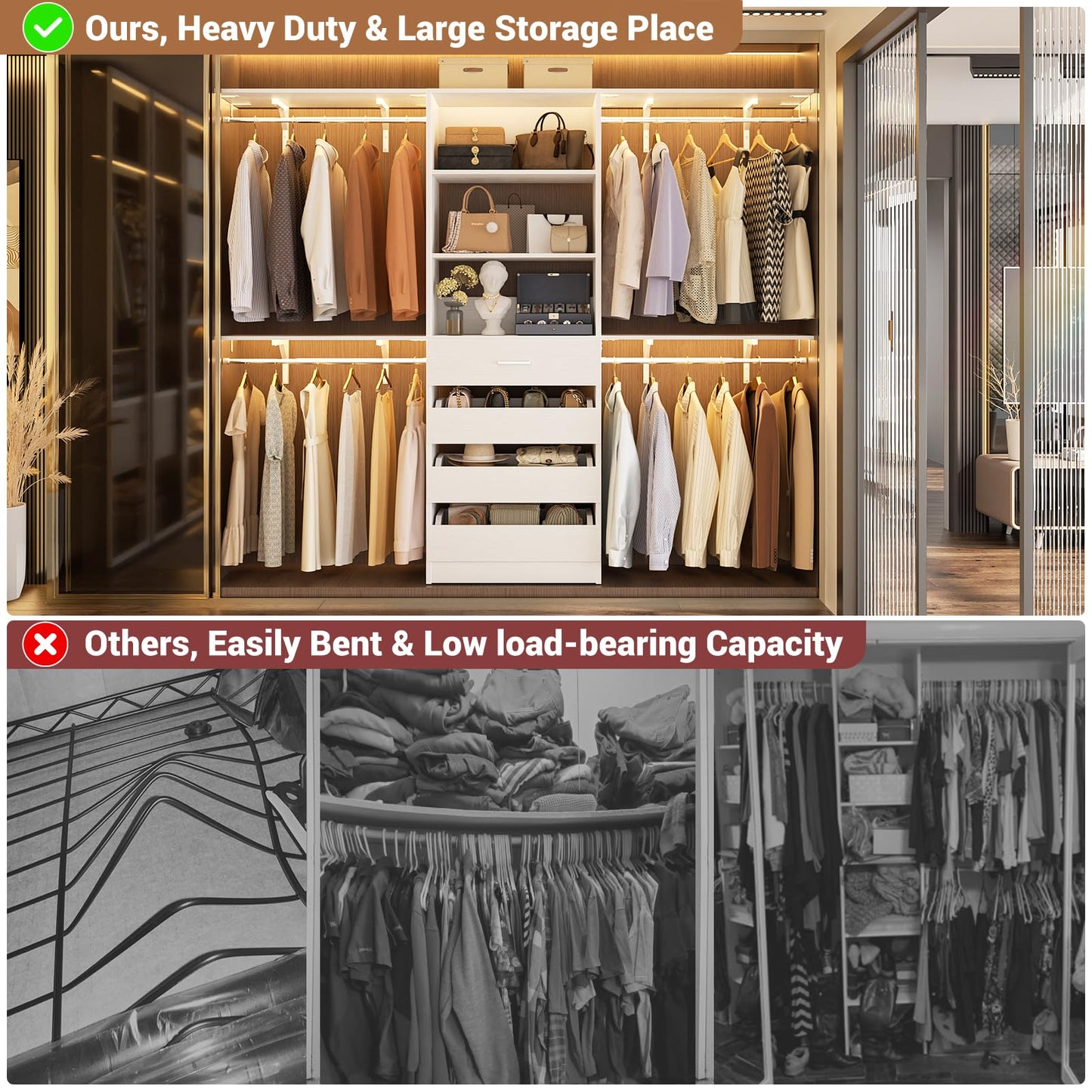 Aheaplus Closet System with Drawers, Wood Closet Organizer System with 4 Hanging Rods & Top Shelves, Walk-in Closets Organizer Wardrobe Clothes Rack System, Cut Fits Spaces 4-9FT. Wide, White
