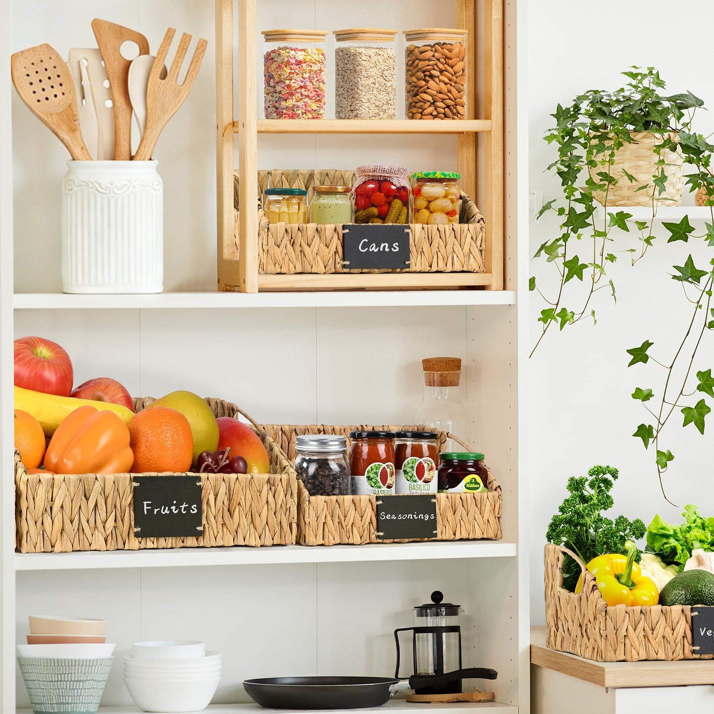 Ollieroo Rattan Storage Basket, Handwoven Wicker Basket for Storage with Built-in Handles, Pantry Baskets for Shelves, Bedroom, Bathroom, Laundry Room or Kitchen(Natural)