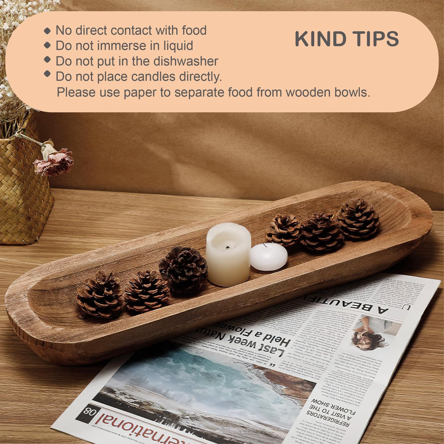 MOLADRI 17 Inch Wooden Dough Bowls Decorative，Unique Centerpiece Bowl, Rustic Long Wood Bowl with Hand Carved for Table Centerpiece Decor, Farmhouse Boho Rustic Style Home Decor (17" x 5" x 2" Brown)