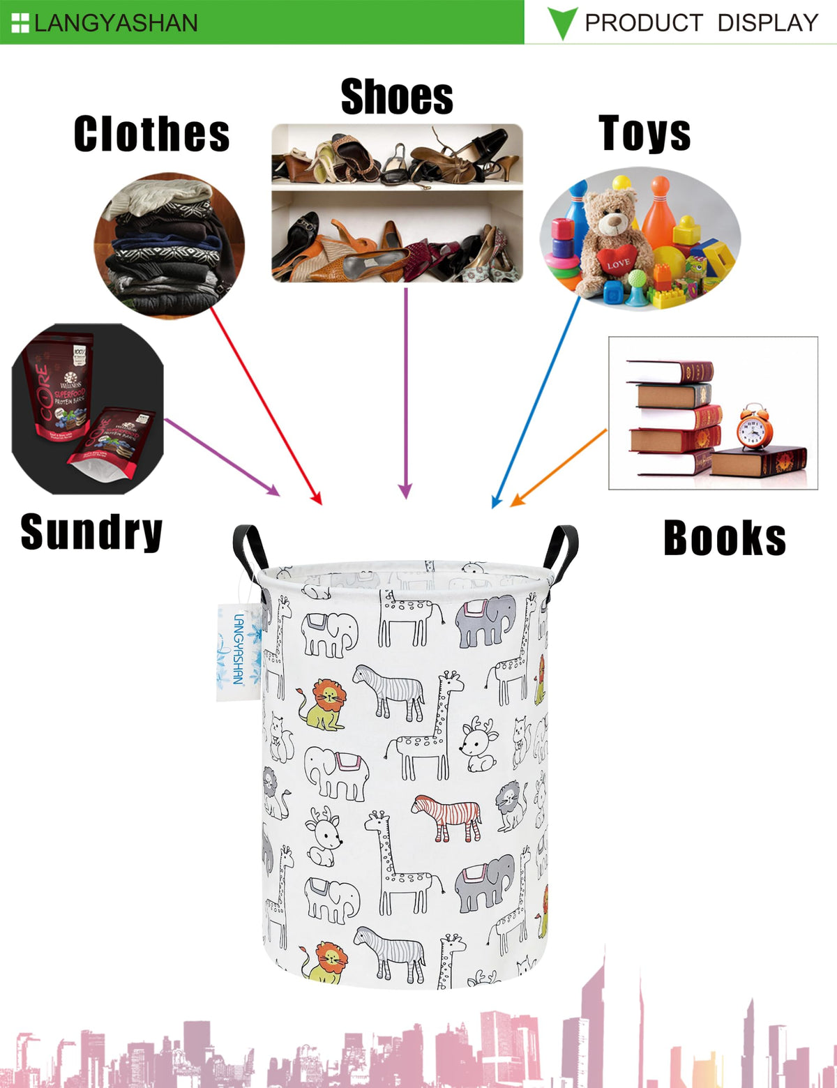 LANGYASHAN Laundry Hamper Collapsible Kids Storage Basket Waterproof Fabric Toy Clothes Organizer Bin for Children Bedroom Bathroom (Animals)