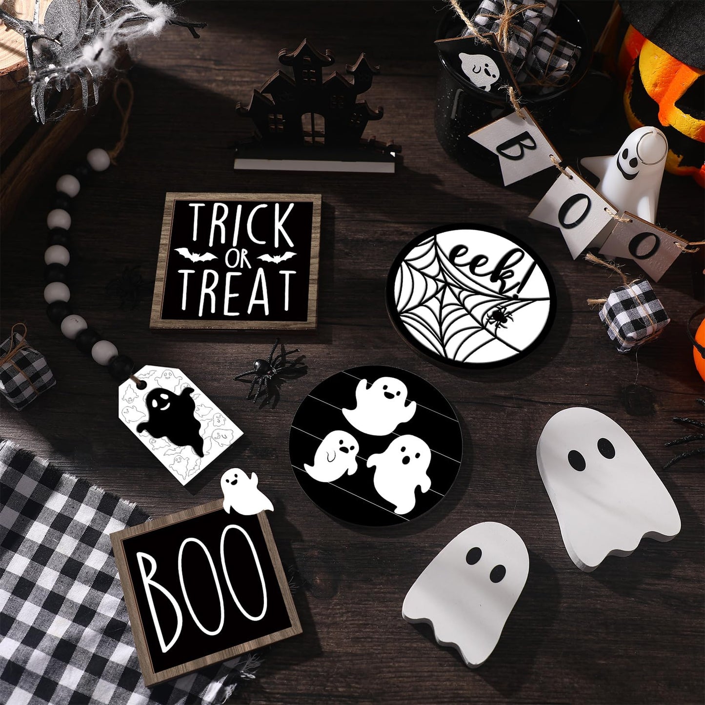 Umigy 15 Pcs Halloween Tiered Tray Decor Set Cute Ghost Tray Decorations Boo Halloween Wooden Signs Farmhouse Rustic Decoration for Home Table Party Supplies(Ghost)