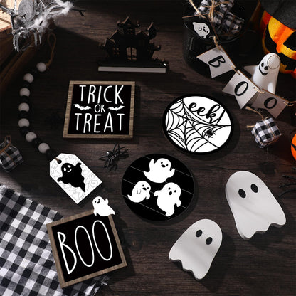 Umigy 15 Pcs Halloween Tiered Tray Decor Set Cute Ghost Tray Decorations Boo Halloween Wooden Signs Farmhouse Rustic Decoration for Home Table Party Supplies(Ghost)