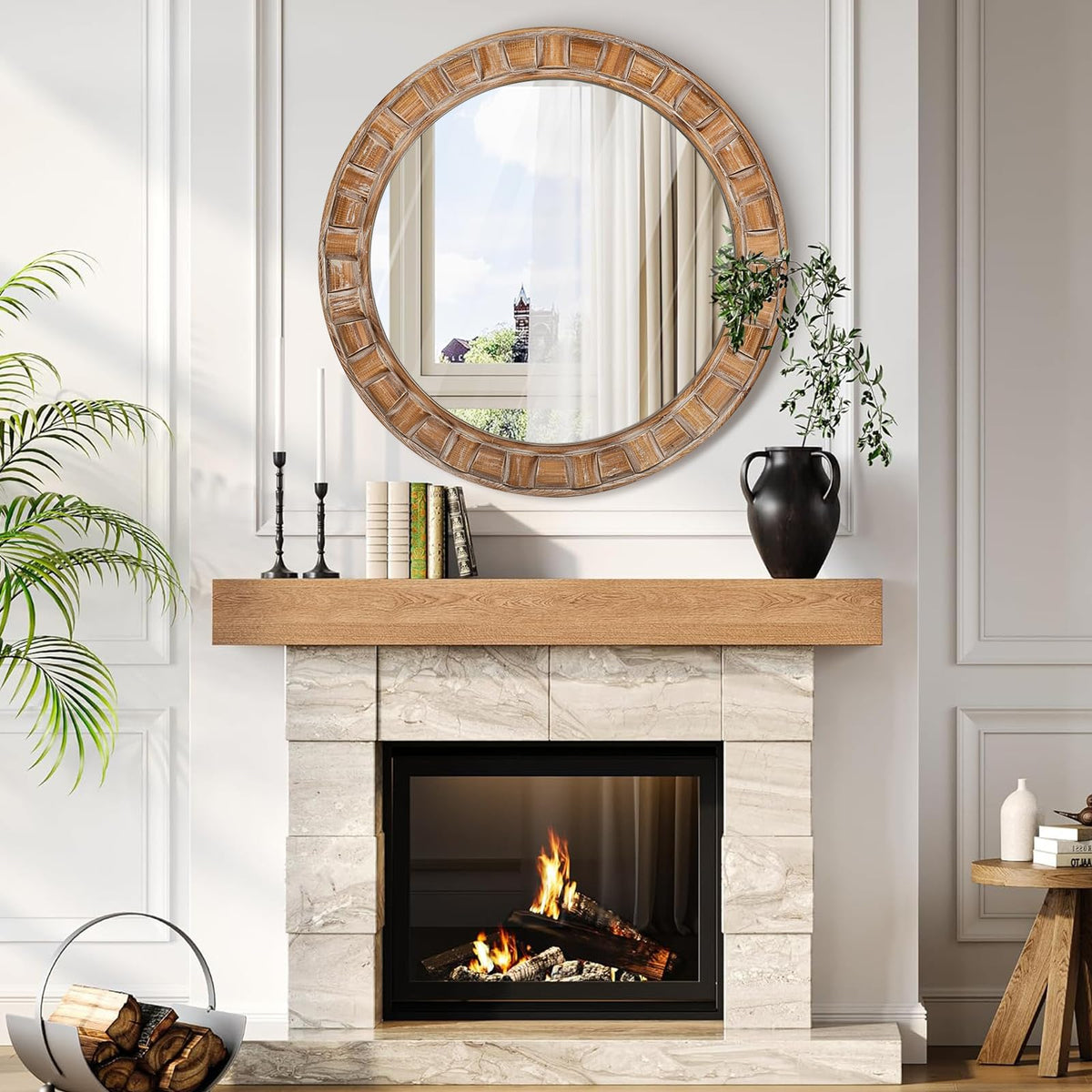XGGJWW 30 Inch Brown Solid Wood Round Wall Mirrors, Decorative Circle Mirror for Bathroom, Bedroom, Living Room, Hallway, Foyer, Entryway