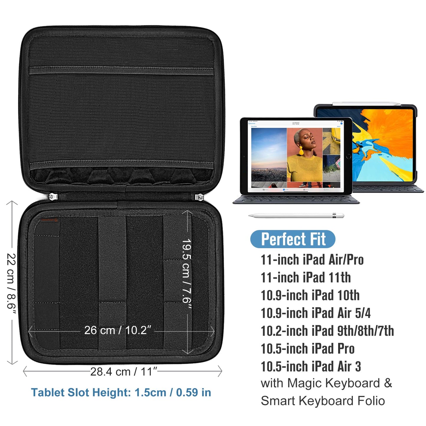 FINPAC 9-11 Inch Tablet Sleeve Bag Compatible with iPad/Samsung/Lenovo/Fire, Double-Layer Travel Organiser Bag w/Electronics Organiser for USB Cable/Power Bank/Charger/Hard Disk