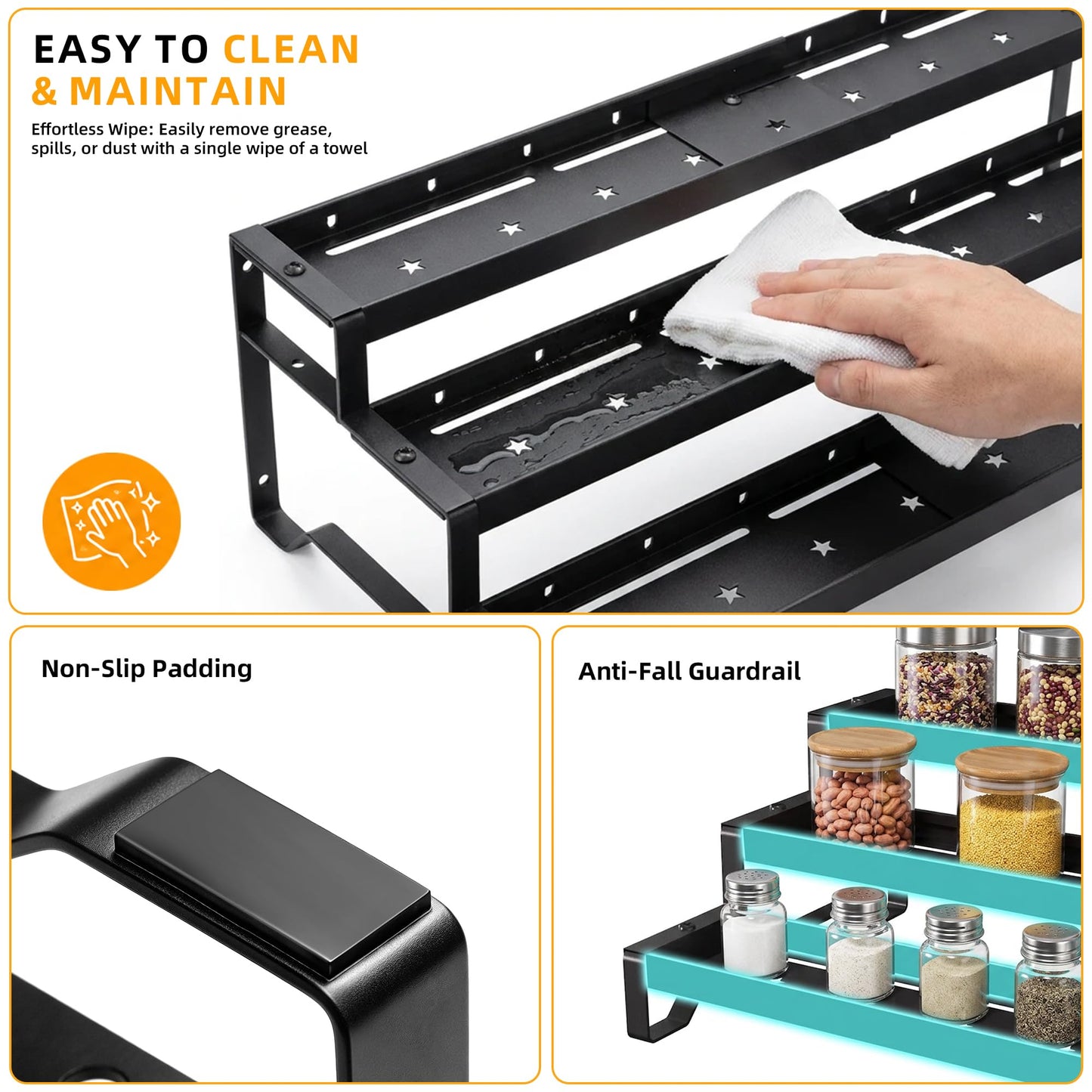 PEEKUP 3-Tier Spice Rack Organizer, 13"-21.5" Expandable Spice Organization Shelf, Metal Seasoning Organizer for Kitchen Countertop or Pantry, Slip-Resistant Design for Jars and Bottles, Black