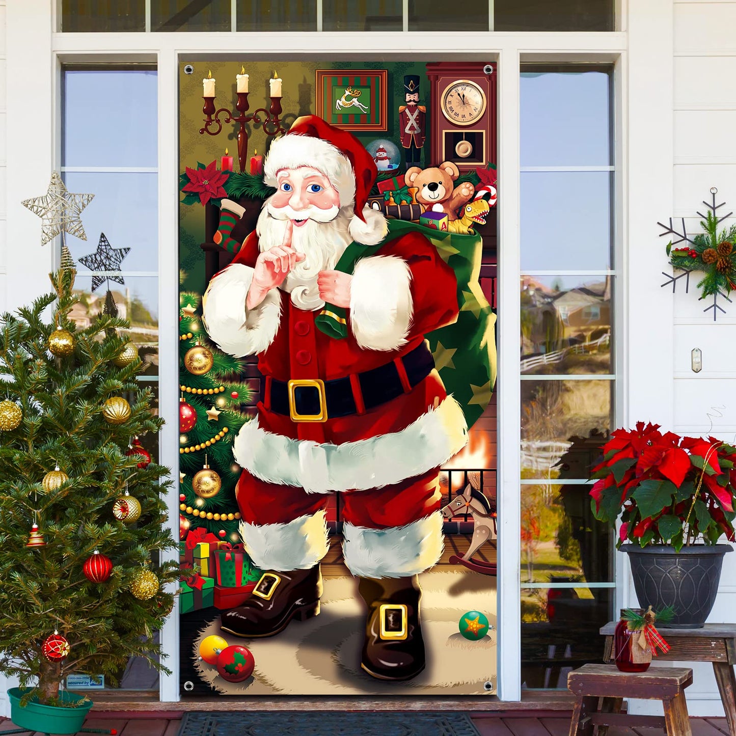 Christmas Door Cover Decoration Santa Claus Front Door Cover Xmas Hanging Banner Santa Background for Home Holiday Christmas Decoration