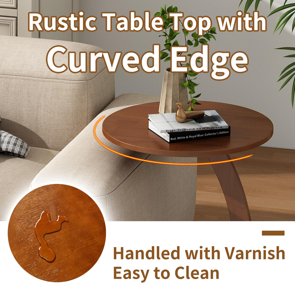 FIDOOM C Shaped End Table, Small Round Side Table for Couch, Slide Under Sofa Tray Desk for Living Room Bedroom, Solid Wood TV Tray Table for Narrow Space (15” Chestnut)