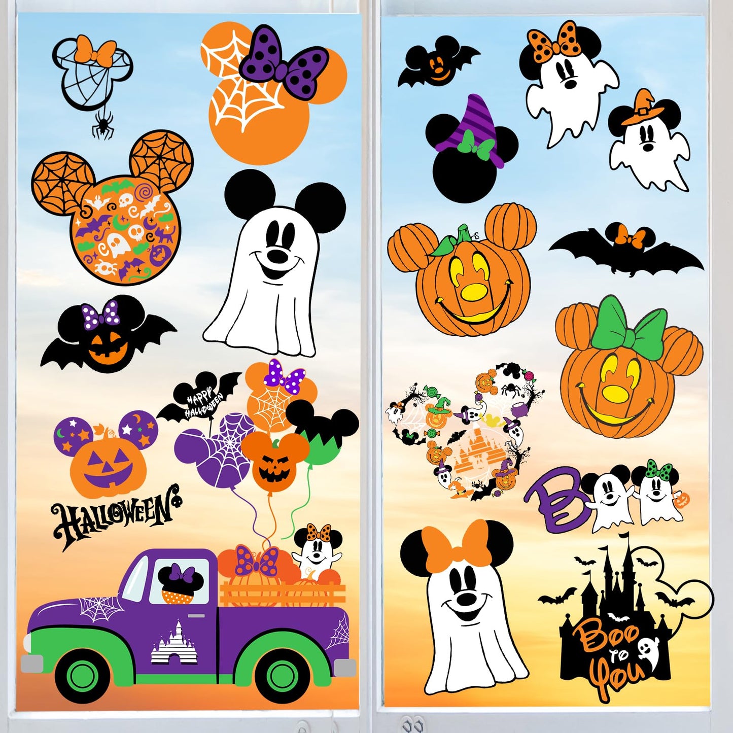 Mouse Themed Halloween Window Decals - 9 Sheets of Removable Pumpkin & Ghost Stickers for Glass Windows
