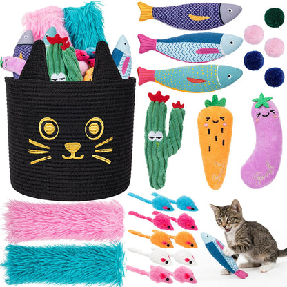 Leitee 20 Pcs Mother‘s Day Cat Storage Basket Gift Toys Bulk Set Cute Cotton Rope Basket, Fish Pillows Plush Balls Mice Toys Vegetable Cactus-Shaped for Pet Gifts, 9.8 Inch