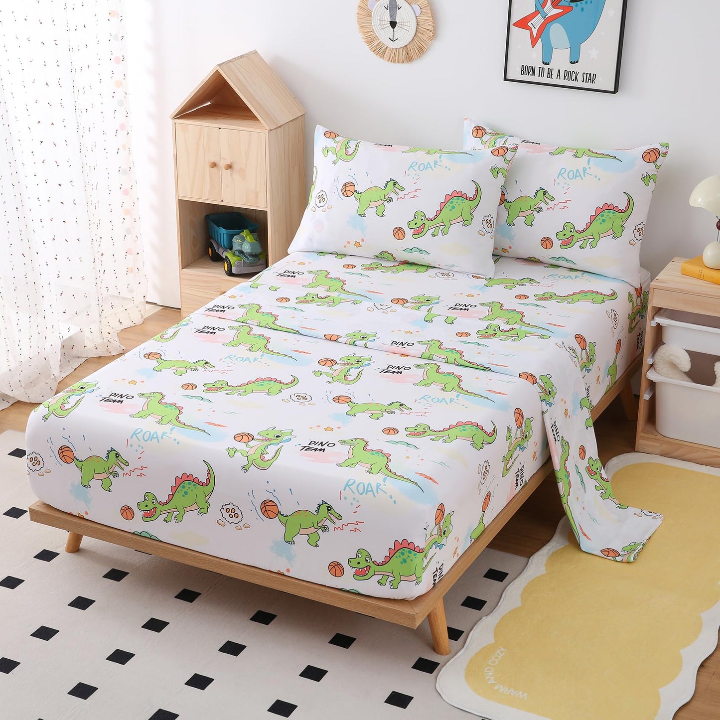 Yibeizi Full Size Sheets Set Kids, Dinosaur Pattern Microfiber Double Bed Sheets, Cute Soft Oeko-Tex Extra Deep Pocket Sheets & Pillowcases Cooling Hypoallergenic Wrinkle Free Bedsheets