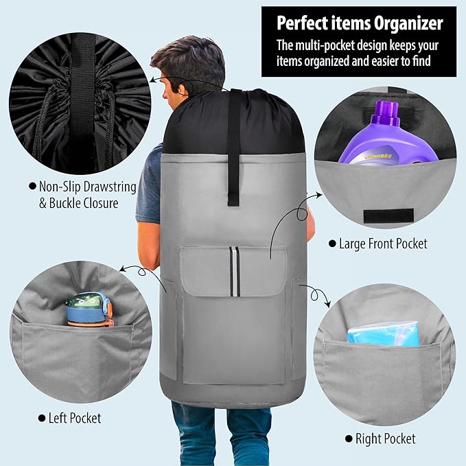 BeeGreen Grey-Laundry-Bag-Backpack-Extra-Large-Heavy-Duty, 125L Portable Travel