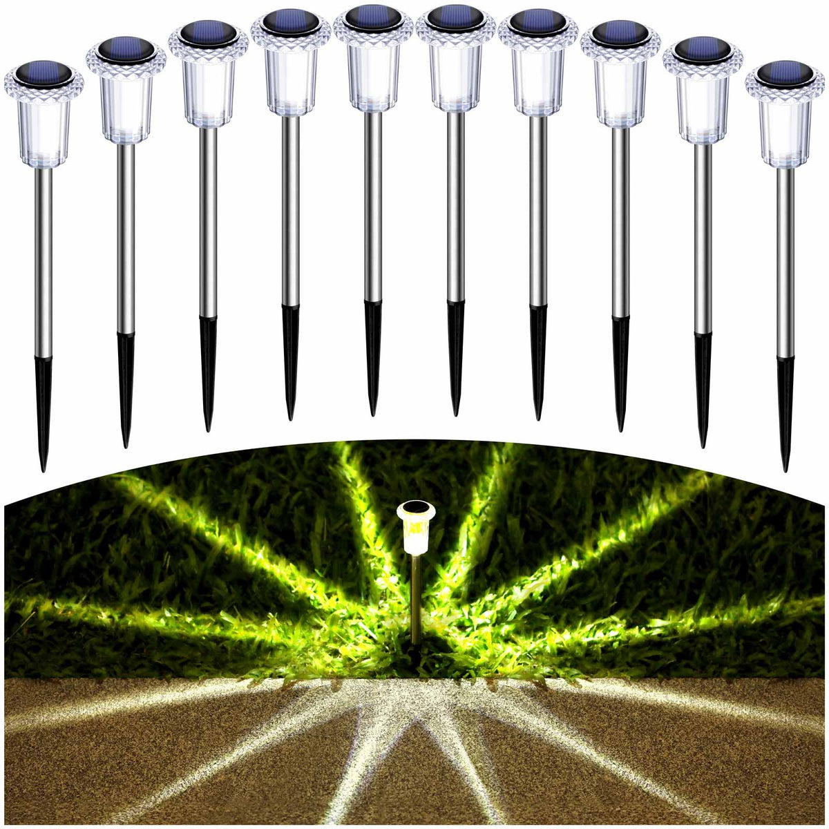 Gorrzai Solar Lights Outdoor 15 Pack Solar Pathway Lights LED Waterproof Stainless Steel Garden Stake for Yard, Outside, Walkway, Sidewalk, Driveway, Lawn (Warm White)