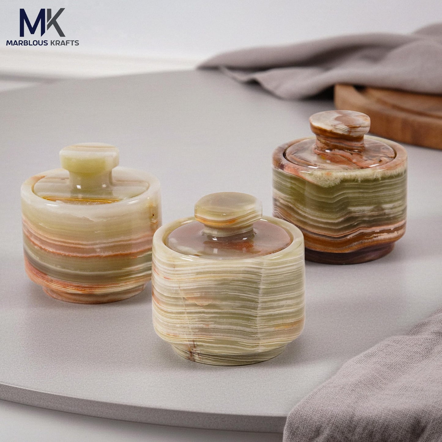 MARBLOUS KRAFTS Marble Salt Cellar with Lid 3" Inch Green Salt Jar & Table Salt Storage For Kitchen Countertop, Salt Container, Salt Dish & Sugar Bowl For Table