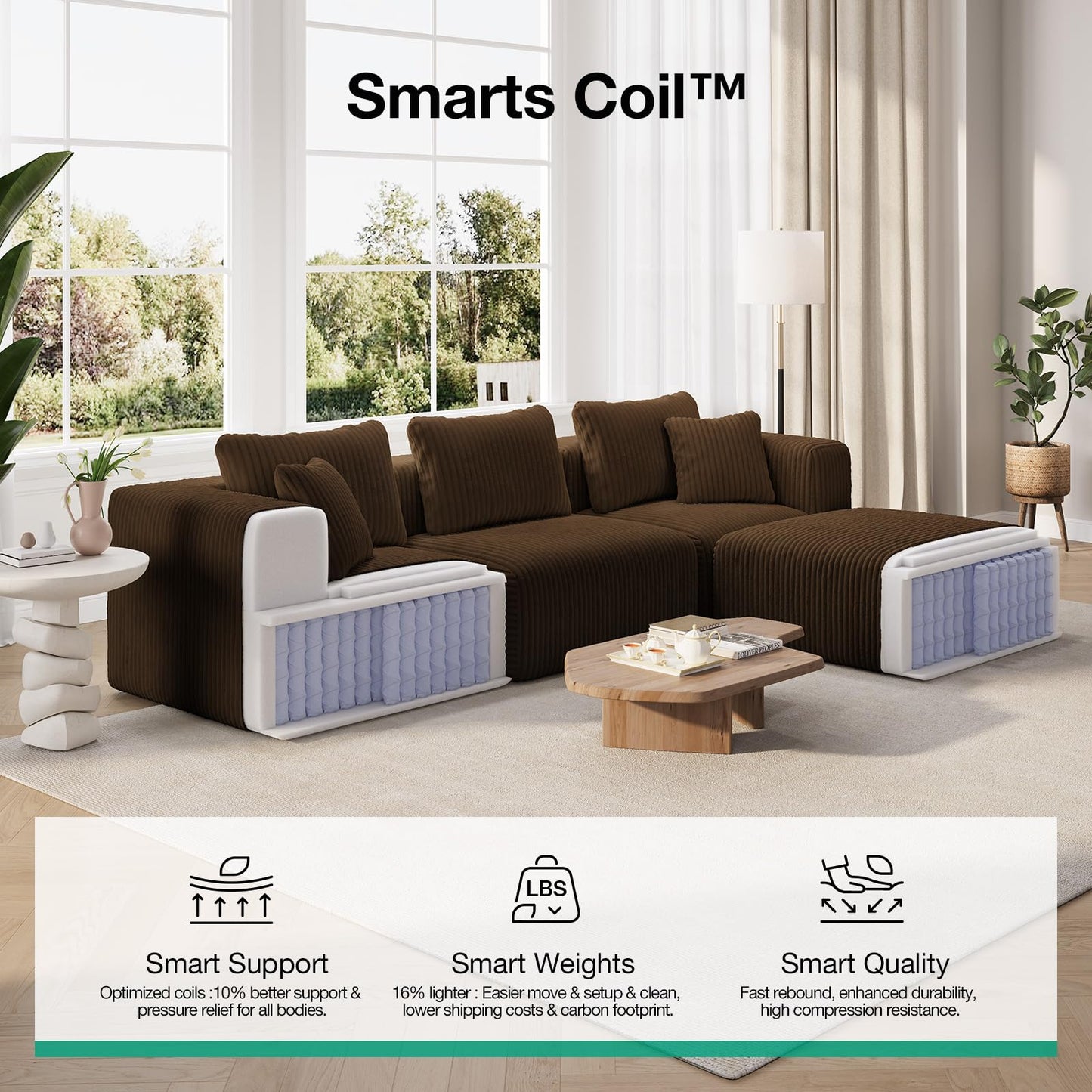 Novilla 141" Modular Sectional Sofa, Modern Cloud Sectional Couch with Smarts Coil® Support, U-Shape Boneless Couch for Living Room Apartments, No Assembly Required, Brown (4 Seat w/ 4 Ottoman)