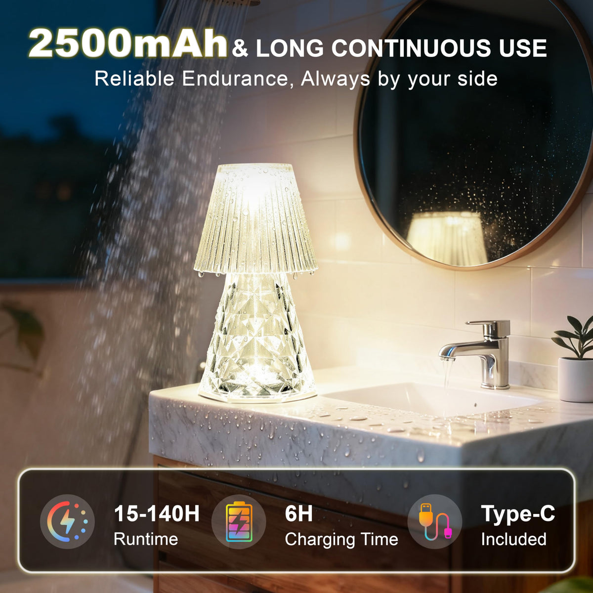 LOZNDA Waterproof Shower Lamp, Rechargeable Bathroom Lamp with RGB, Cordless Crystal Table Lamp, Dimmable Crystal Bedside Night Light for Bathroom Bedroom