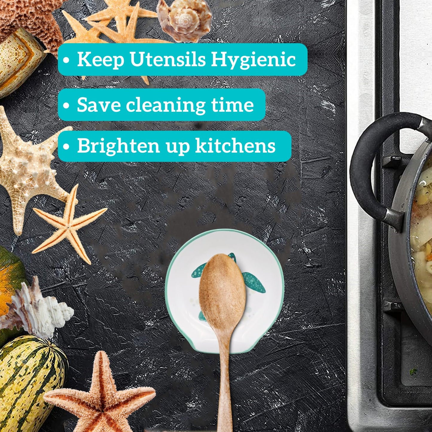 Turtle Spoon Rest - Coastal Ocean Nautical Decor, Teal Kitchen Accessories, Turquoise Hawaiian Beach Themed Decor for Stove Top Counter, Cute Sea Turtle Christmas Gifts