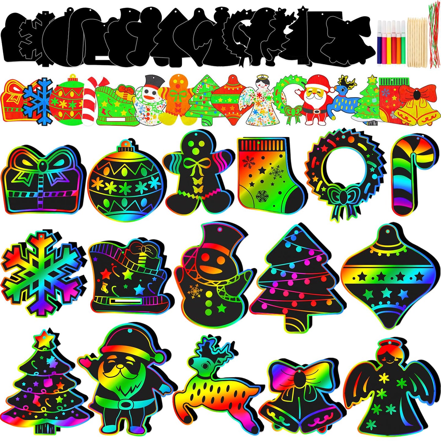 Natonhi 96pcs Christmas Crafts for Kids, Christmas Party Favors Magic Rainbow Scratch Paper Ornament with Wooden Drawing Sticks, Lanyards for Kid Holiday Party Gifts, Classroom Activities