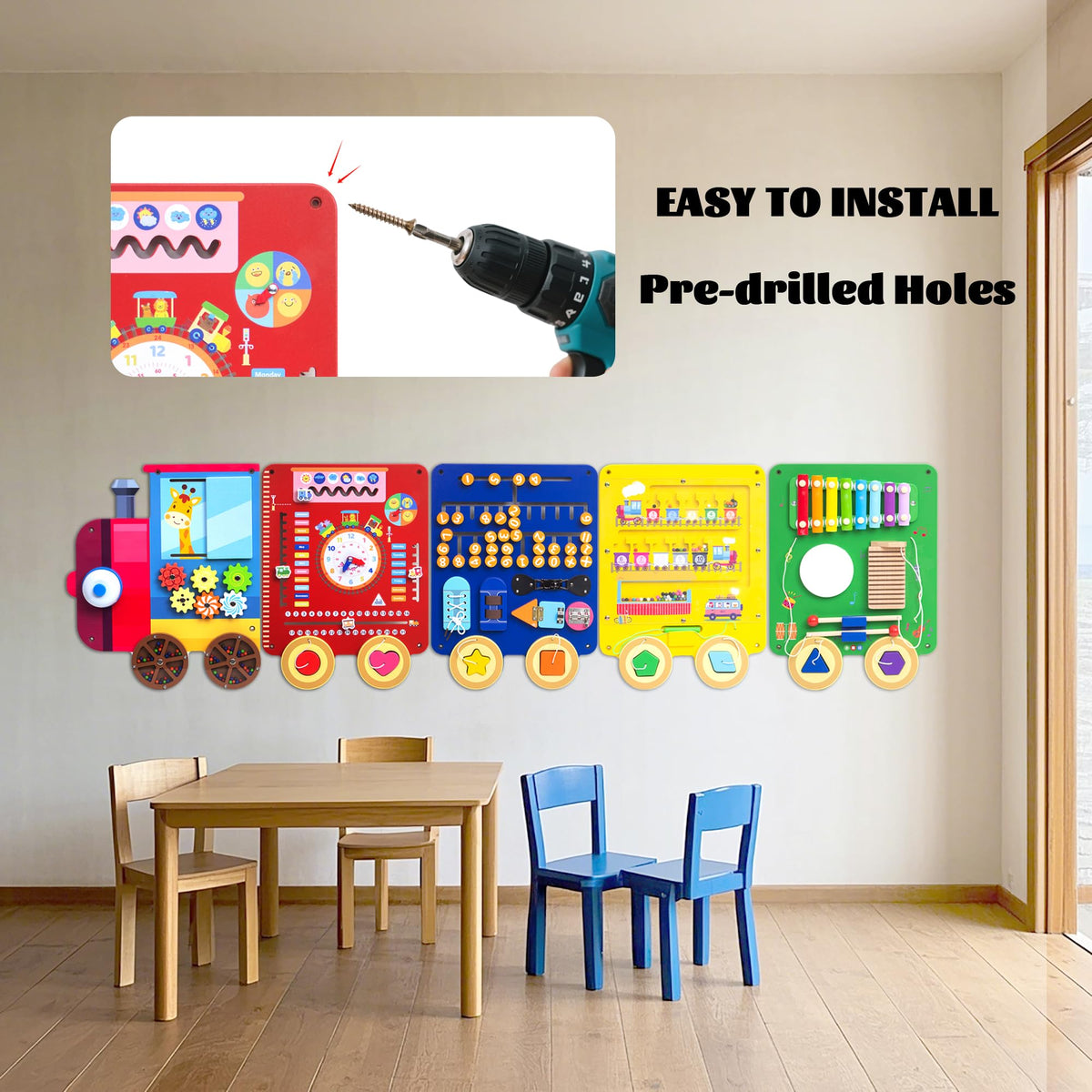 UREDISO Train Activity Wall Busy Board,Wooden Busy Board Train Activity Wall Panels,Montessori Sensory Wall Toys Panel for Kids, Learning Activity Center for Playroom,3 Years Old and Over (Train)