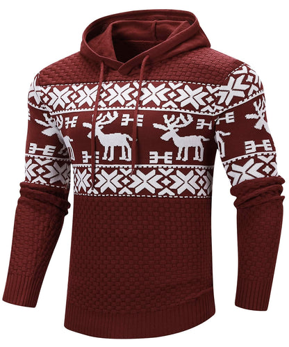 Zaitun Men's Christmas Elk & Geo Pattern Drawstring Hooded Sweater