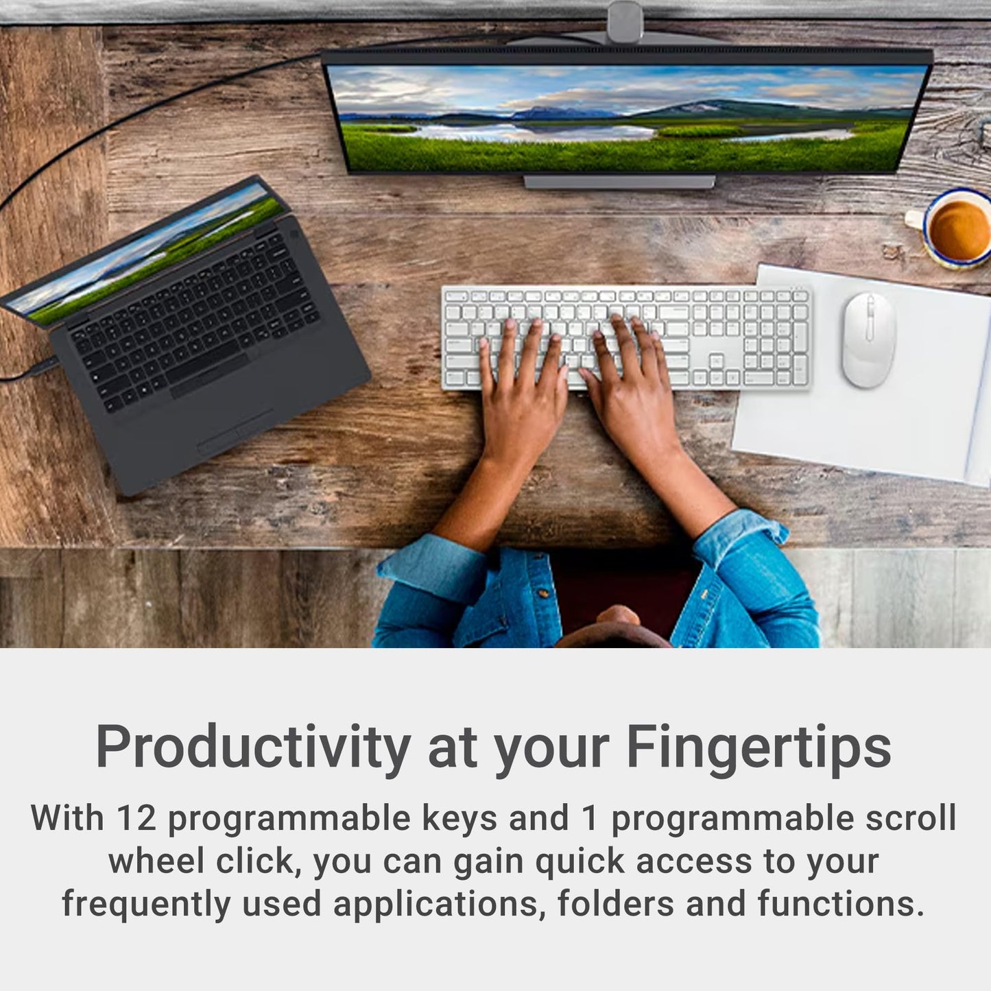 Dell Wireless Keyboard and Mouse - KM3322W, Wireless - 2.4GHz, Optical LED Sensor, Mechanical Scroll, Anti-Fade Plunger Keys, 6 Multimedia Keys, Tilt Leg - Black