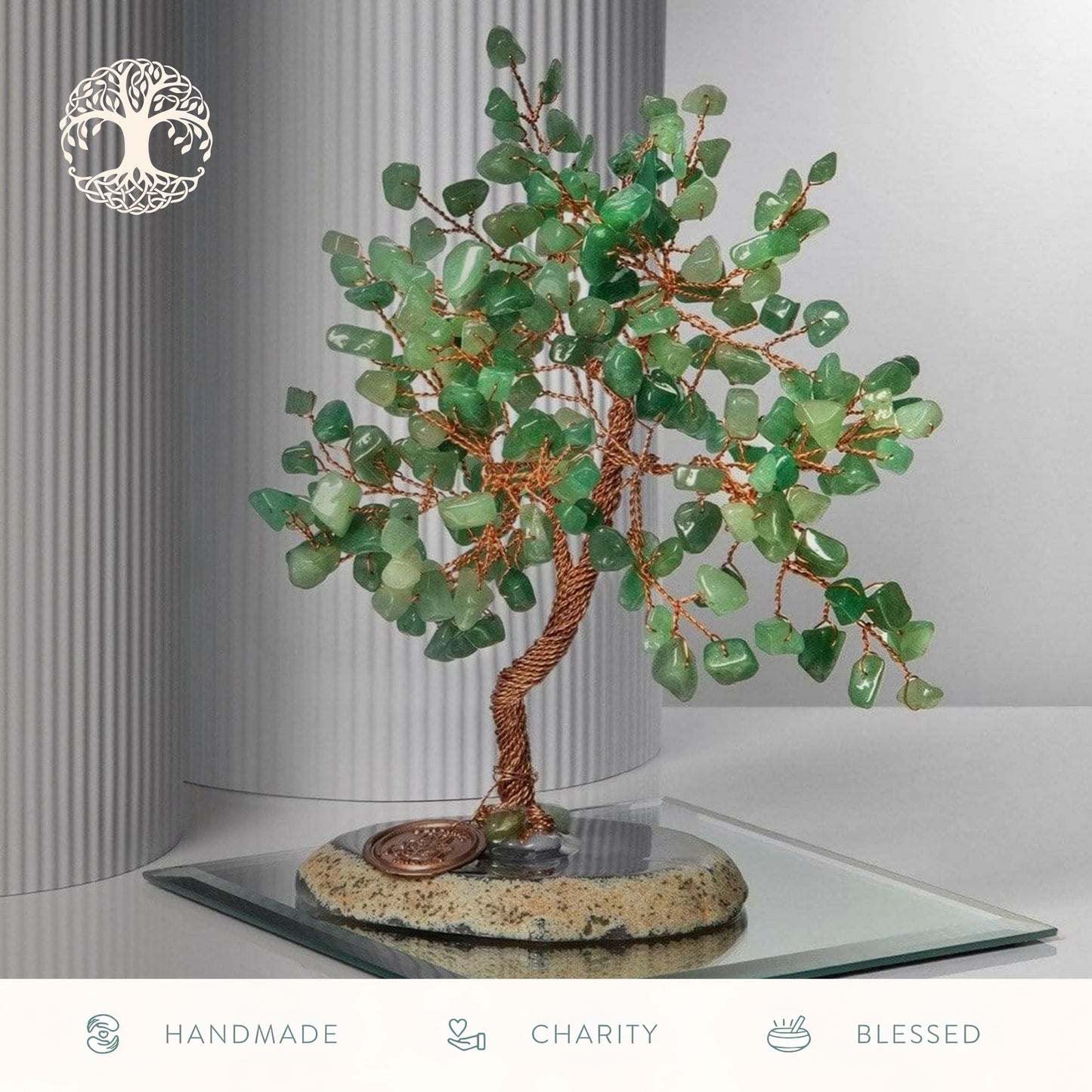 KARMA AND LUCK Jade Crystal Tree of Life, Feng Shui Money Tree Decor with Natural Jade Gemstones, Copper Wire Bonsai Tree on Agate Base, Spiritual Home, Office, Desk Decor Gift, 10" Large