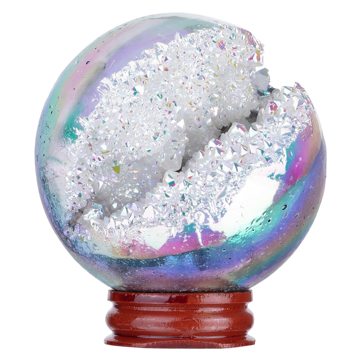 Sportmusies Titanium Coated Rock Crystal Geode Ball with Wooden Stand, Druzy Quartz Stone Cluster Sphere Reiki Home Office Decoration, Angel Aura